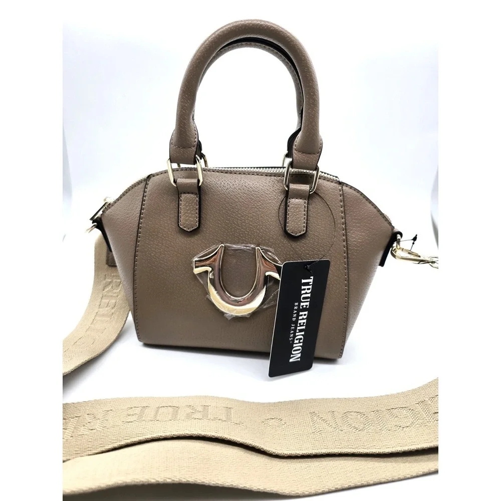 NWT True Religion Taupe Satchel Handbag Crossbody Purse Gold Logo MSRP $109
